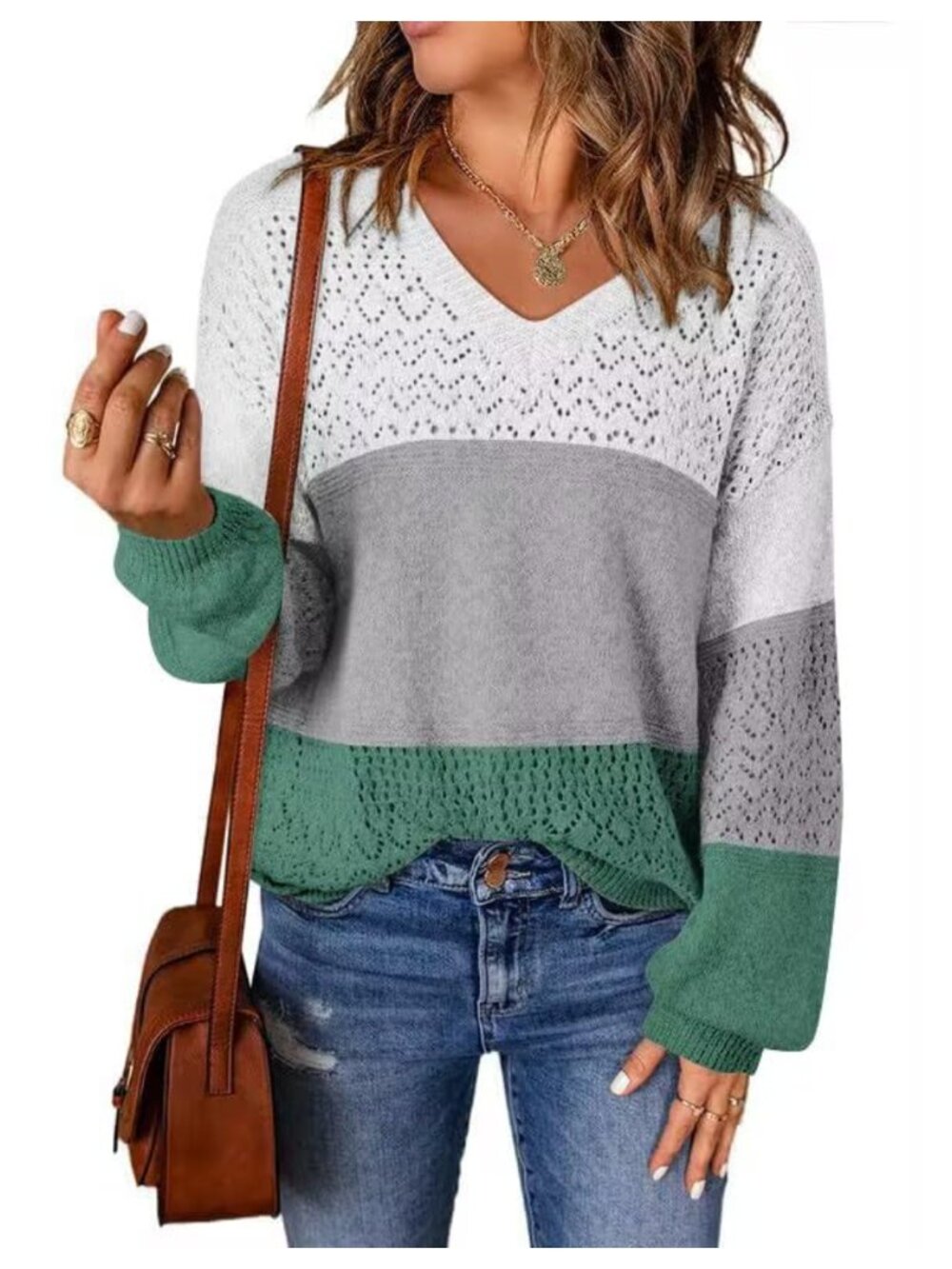 100% Polyester V Neck Long Sleeve Pullover Sweater Hollow Knit Loose Fit